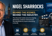 Portrait of Nigel Sharrocks with visual elements representing advertising, audience measurement, film distribution, and UK media leadership.
