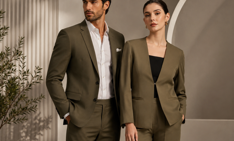 Man and woman wearing matching olive blazertje suits in a modern studio fashion editorial shoot.