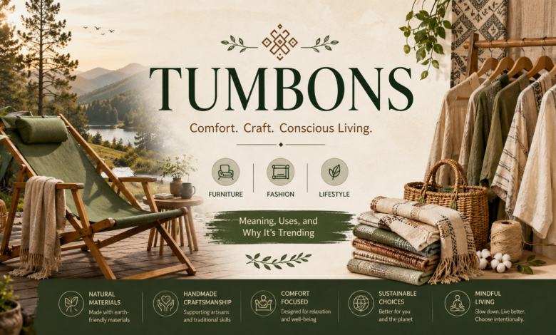 Tumbons concept showing furniture chair, textile patterns and lifestyle design for comfort and slow living