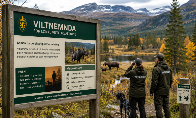 Wildlife management officers from Viltnemnda observing moose populations in a Norwegian forest landscape with an informational conservation sign.