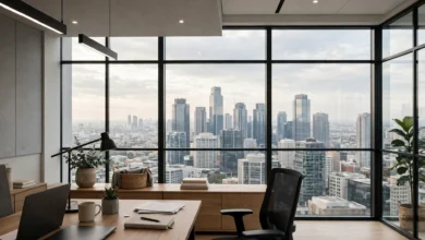Modern office skyline view through large glass windows.