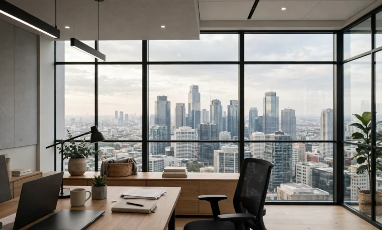 Modern office skyline view through large glass windows.