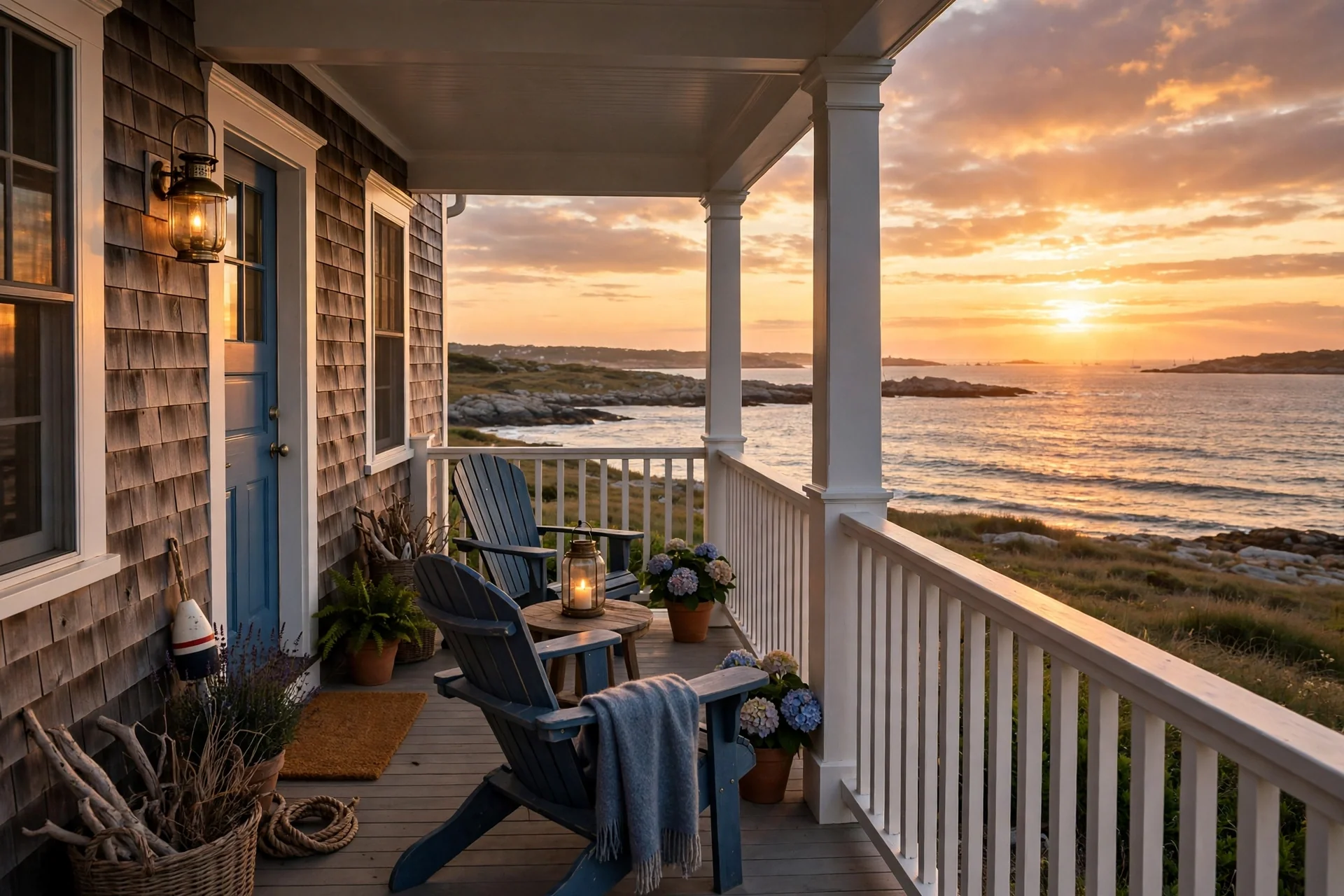 Coastal house porch at sunset.