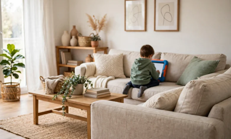 A child using a tablet in a protective bumper case on a sofa in a bright living room, illustrative scene