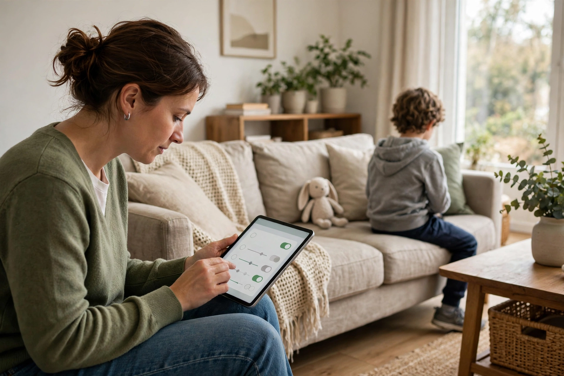 A parent setting up screen time controls on a tablet beside a child, illustrative scene