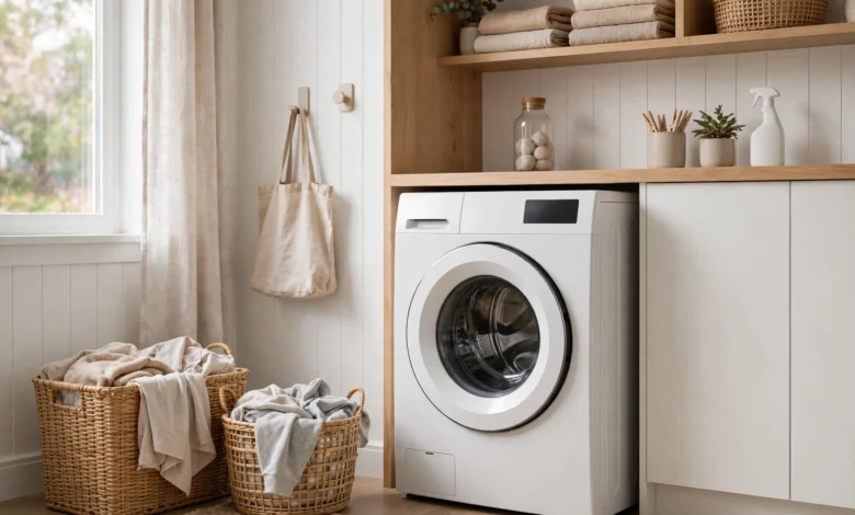 A modern washing machine in a bright UK utility room with laundry baskets, illustrative scene