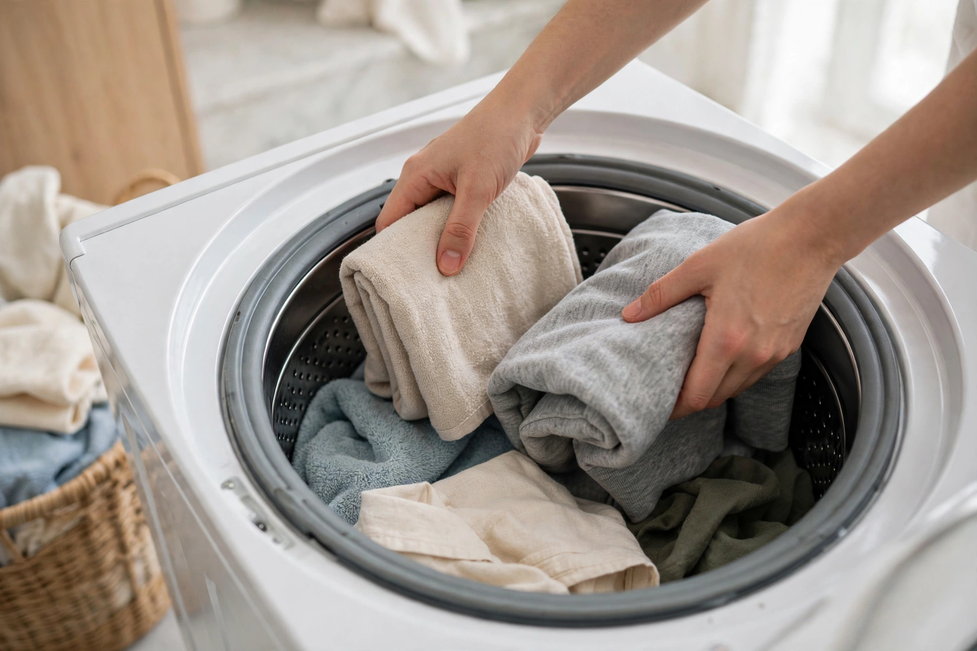 Hands loading clothes into a washing machine drum, illustrative scene