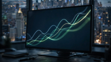 Stock market chart trending upward on a monitor with the New York financial district skyline