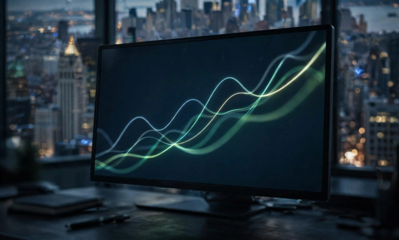 Stock market chart trending upward on a monitor with the New York financial district skyline