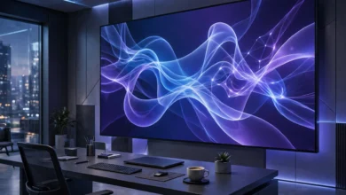 Futuristic workspace with a large screen showing an abstract AI interface