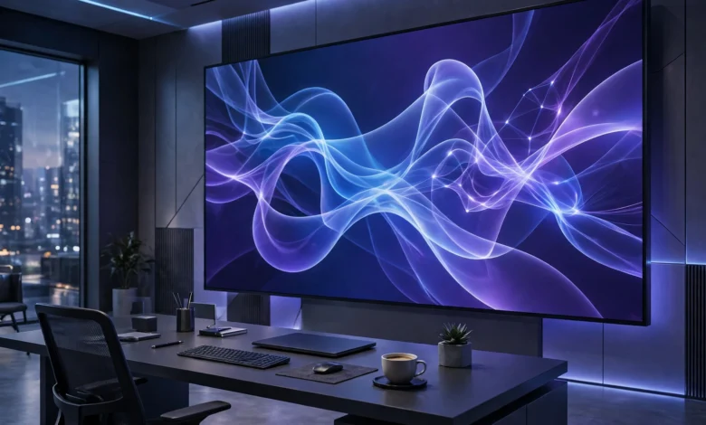 Futuristic workspace with a large screen showing an abstract AI interface