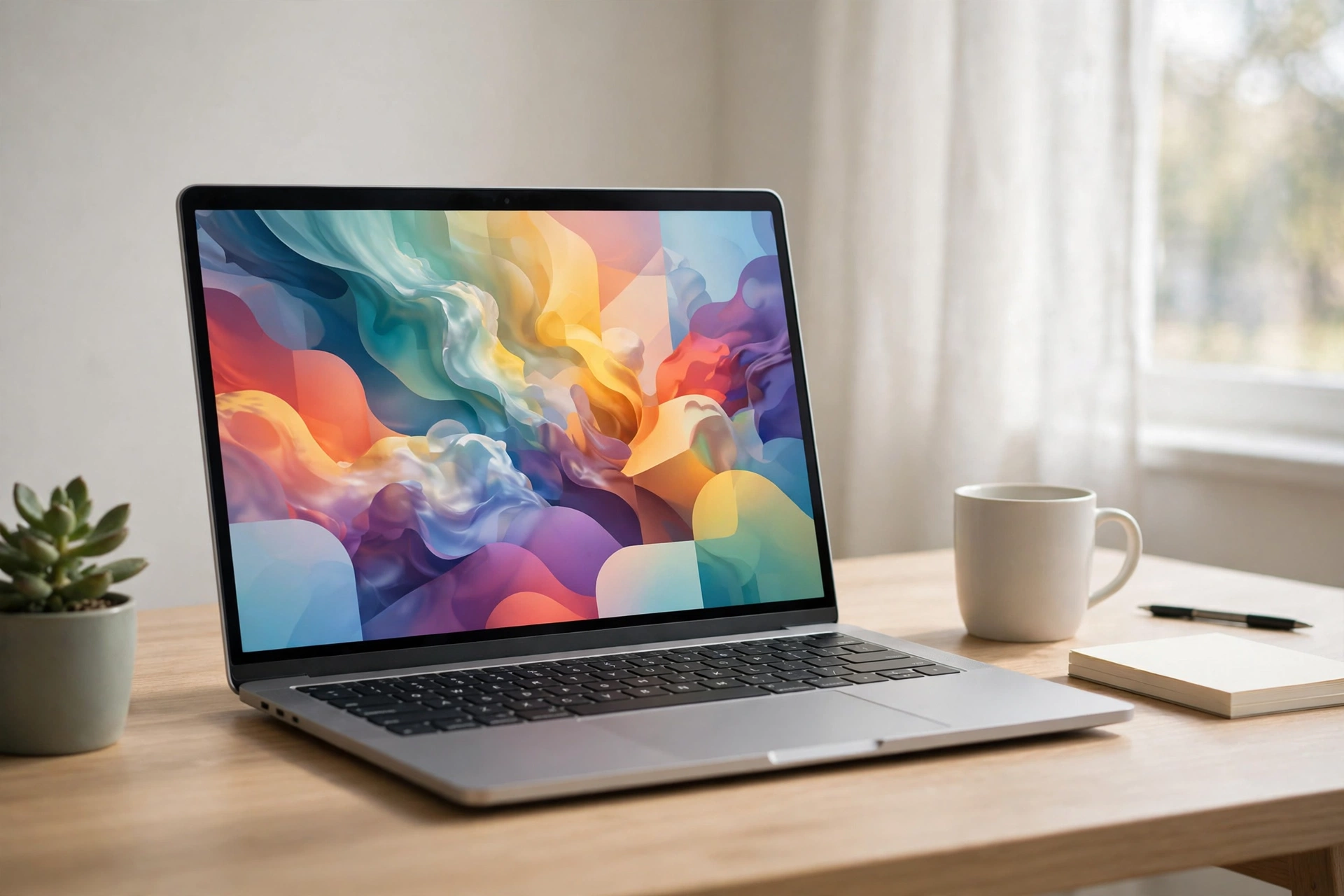 Laptop on a desk displaying a colourful abstract operating system desktop