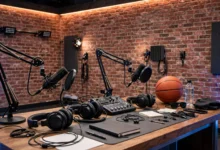 Sports media studio desk with microphones and headphones against a brick wall
