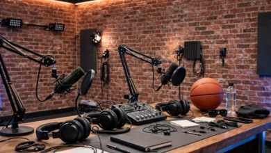 Sports media studio desk with microphones and headphones against a brick wall