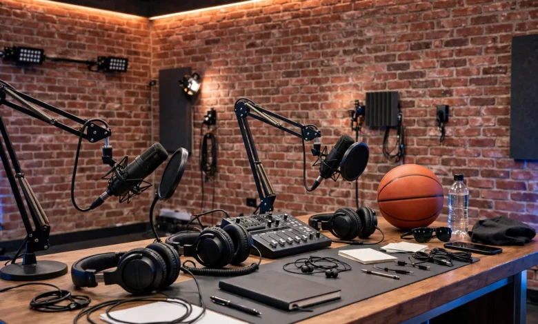 Sports media studio desk with microphones and headphones against a brick wall