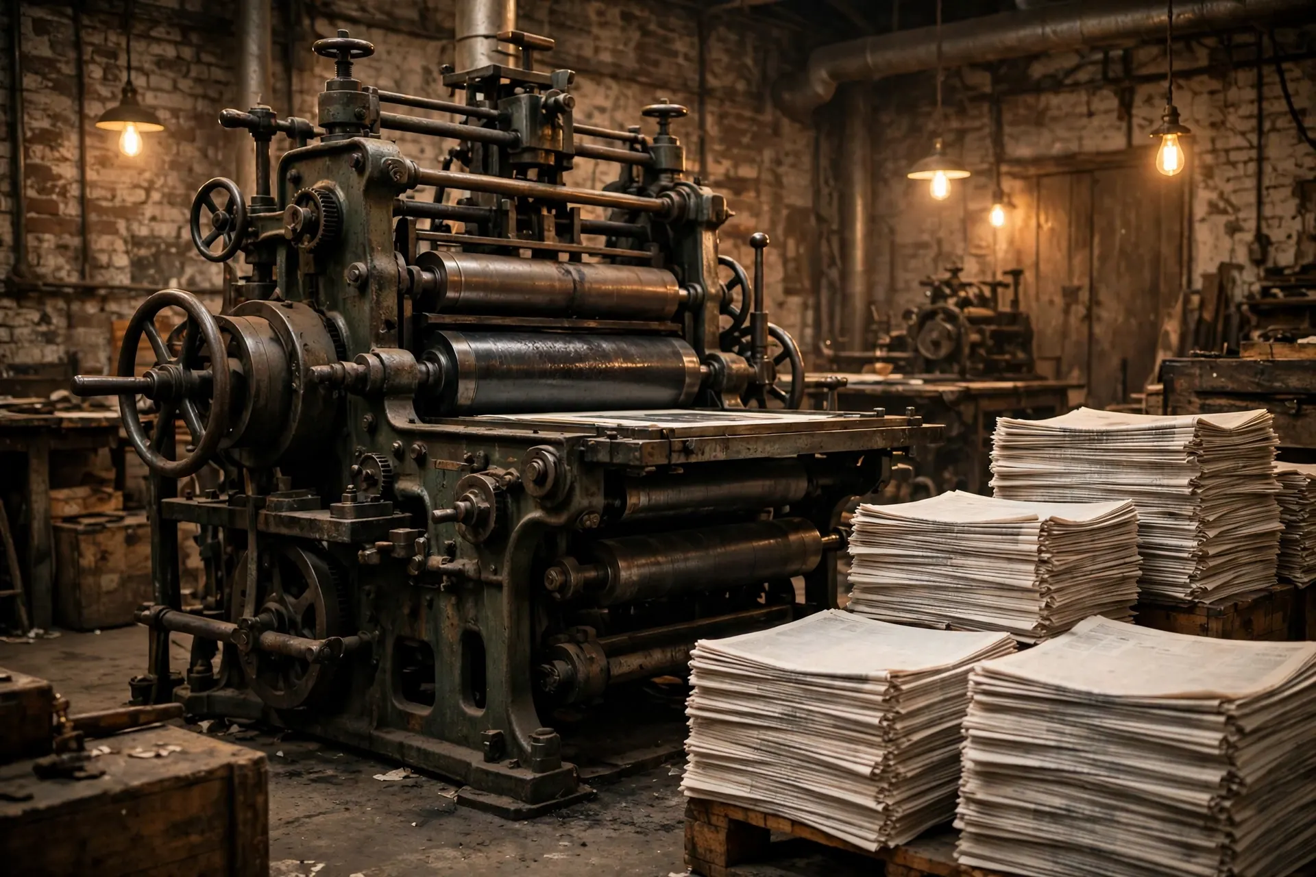 Vintage newspaper printing press with stacks of fresh newspapers