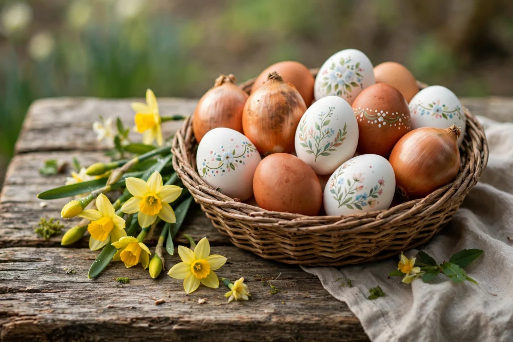 Hand-decorated Easter eggs in a woven basket with daffodils, illustrating traditional dyed and painted egg customs including pace eggs