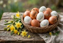 Hand-decorated Easter eggs in a woven basket with daffodils, illustrating traditional dyed and painted egg customs including pace eggs