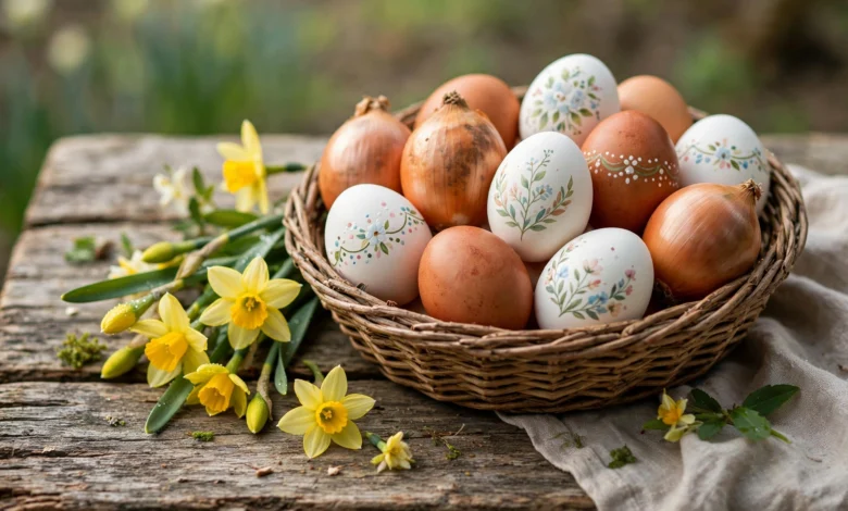 Hand-decorated Easter eggs in a woven basket with daffodils, illustrating traditional dyed and painted egg customs including pace eggs