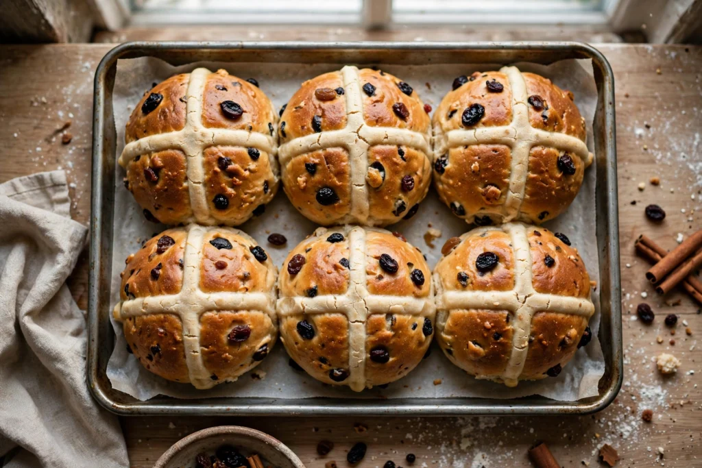 Hot cross buns with flour-paste crosses on a baking tray, the spiced fruited bun traditionally eaten on Good Friday at Easter