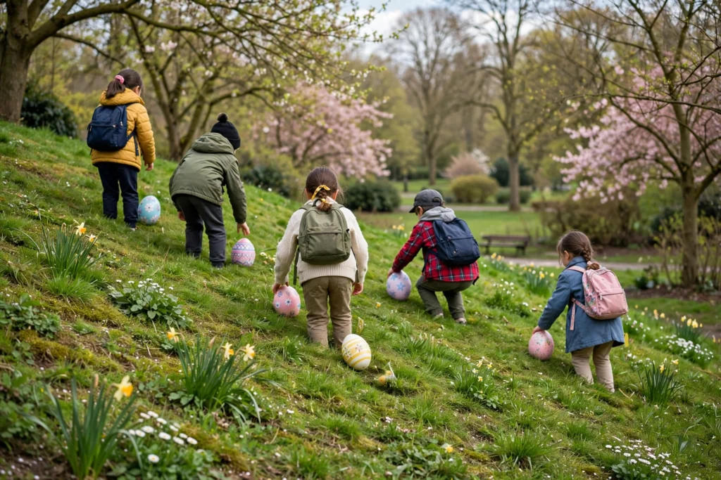 Children rolling decorated eggs down a grassy hill in a park, illustrating the Easter egg rolling tradition celebrated in Preston and at the White House