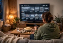 Person browsing a streaming service on a television in a living room in the evening
