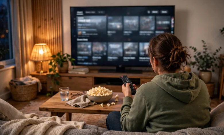 Person browsing a streaming service on a television in a living room in the evening