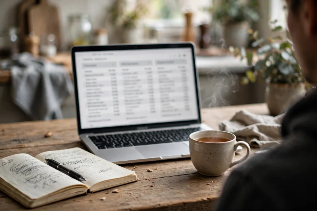 Laptop showing a comparison of streaming subscription plans on a table at home