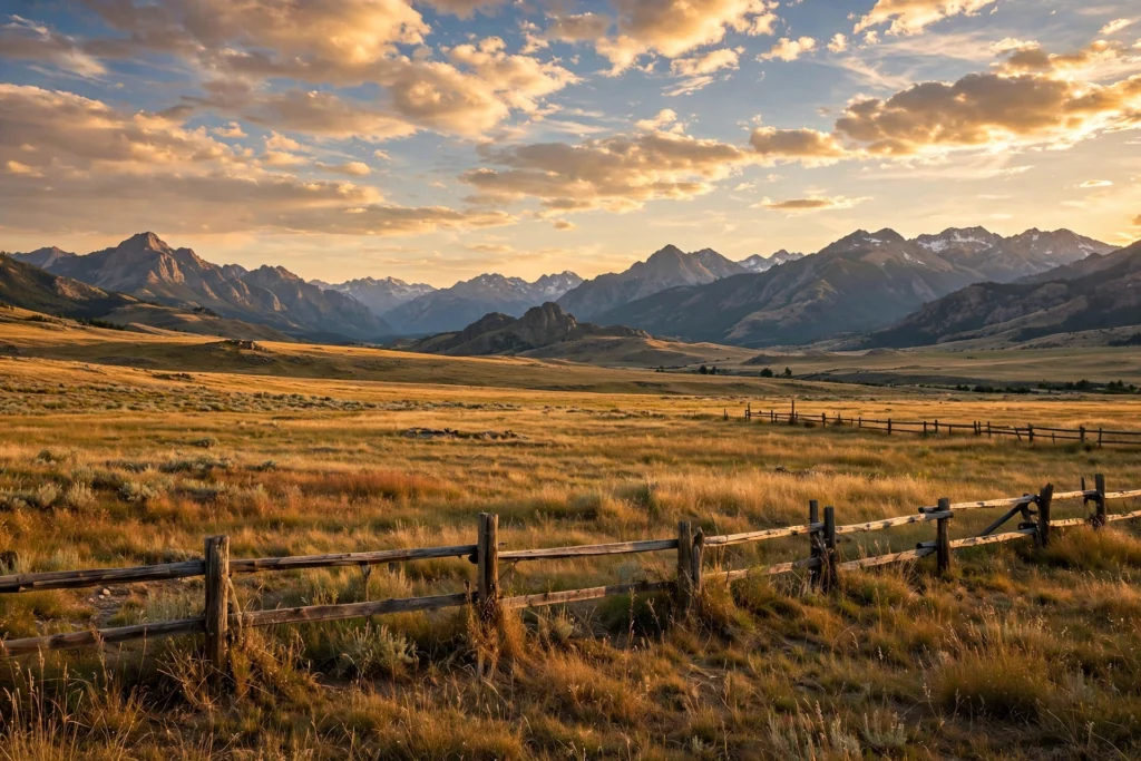 Mountain landscape and ranch fence at sunset evoking classic western television dramas