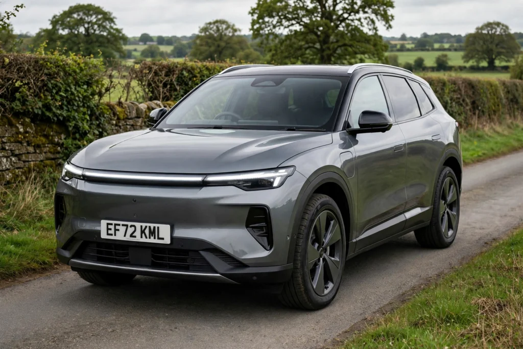 Facelifted Tesla Model Y electric SUV with full-width front light bar on a UK road