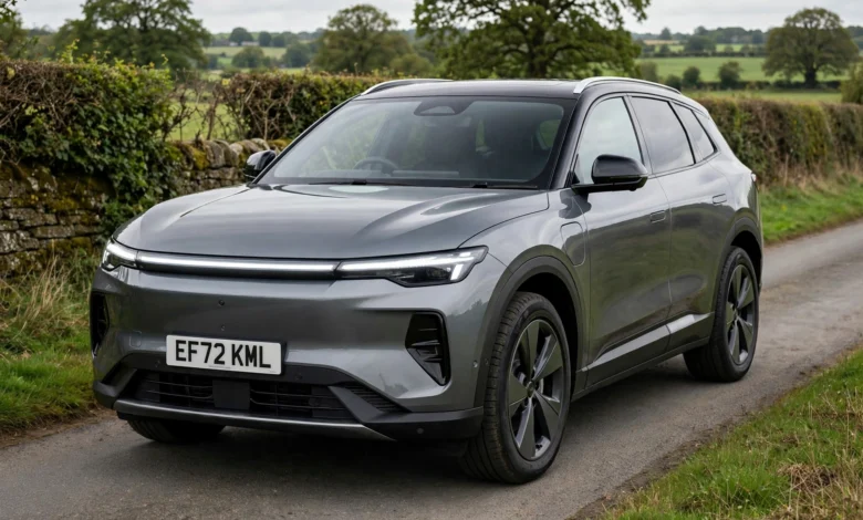 Facelifted Tesla Model Y electric SUV with full-width front light bar on a UK road
