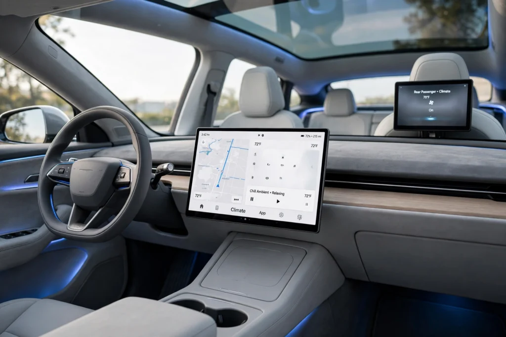 Tesla Model Y interior with 15.4-inch central touchscreen and minimalist dashboard
