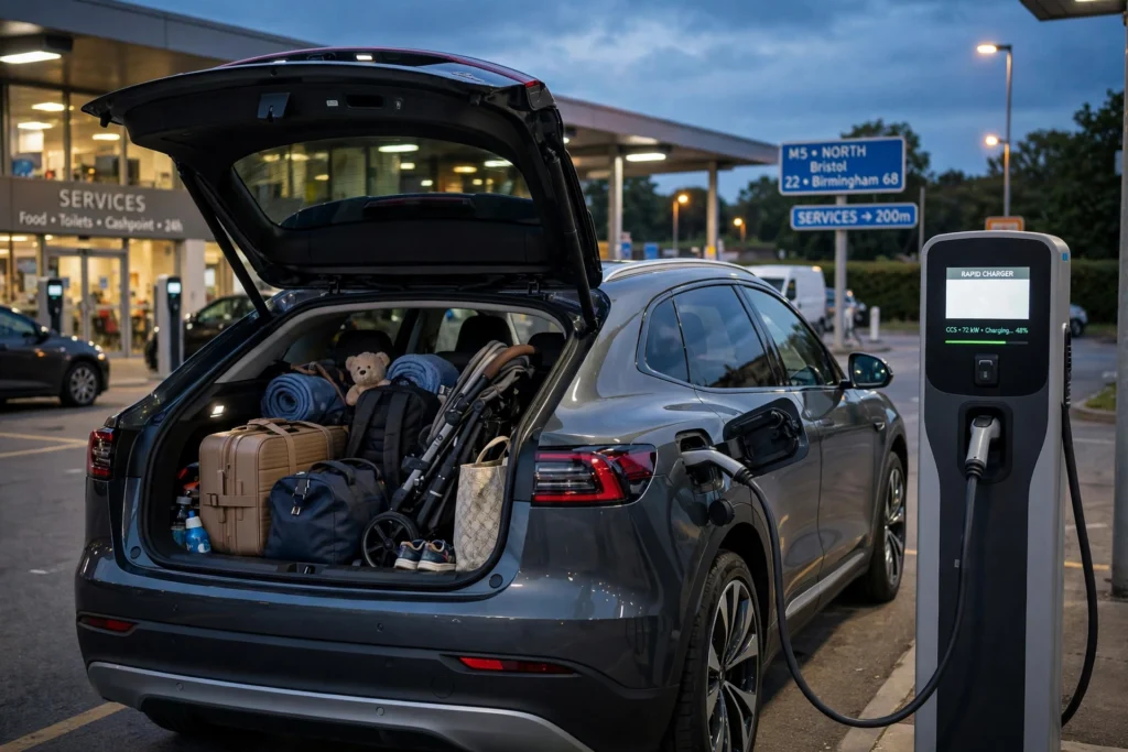 Tesla Model Y charging at a Supercharger with its large boot open and loaded