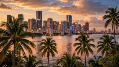 Miami skyline at dusk with palm trees.