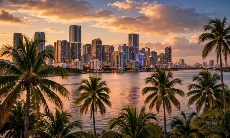 Miami skyline at dusk with palm trees.