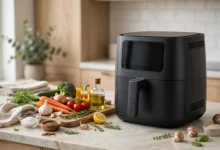 A Ninja air fryer on a kitchen counter beside fresh vegetables and cooking ingredients, illustrative scene