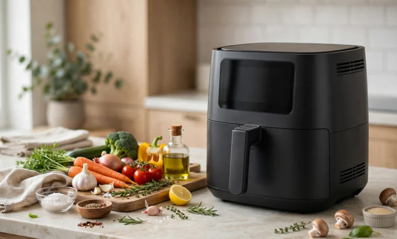 A Ninja air fryer on a kitchen counter beside fresh vegetables and cooking ingredients, illustrative scene