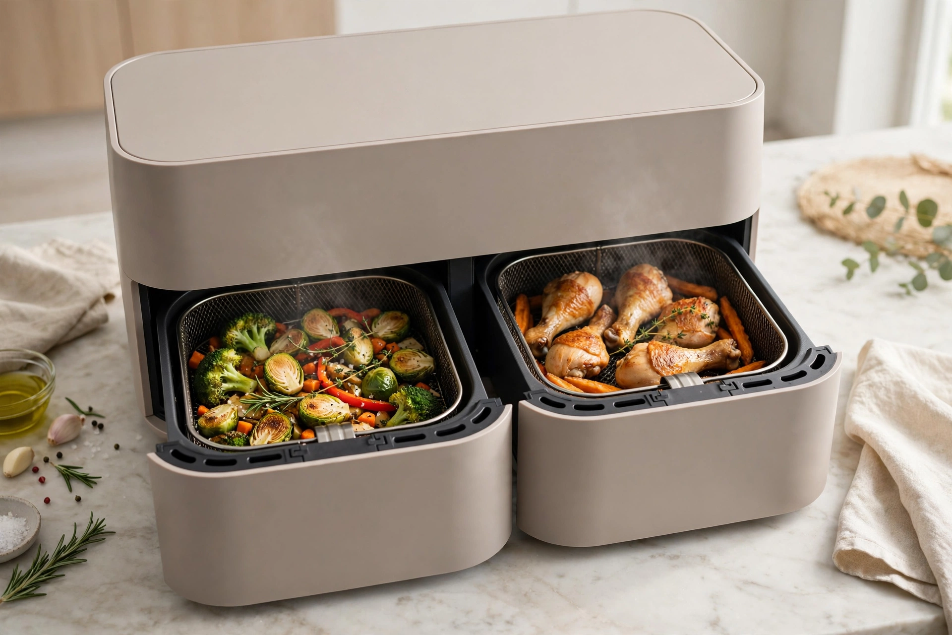 Two air fryer drawers open showing food cooking in separate baskets, illustrative scene