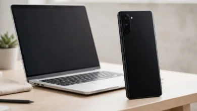 Black smartphone standing on a desk next to a laptop
