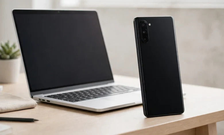 Black smartphone standing on a desk next to a laptop