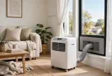 A portable air conditioner unit in a bright living room beside a window with an exhaust hose fitted, illustrative scene