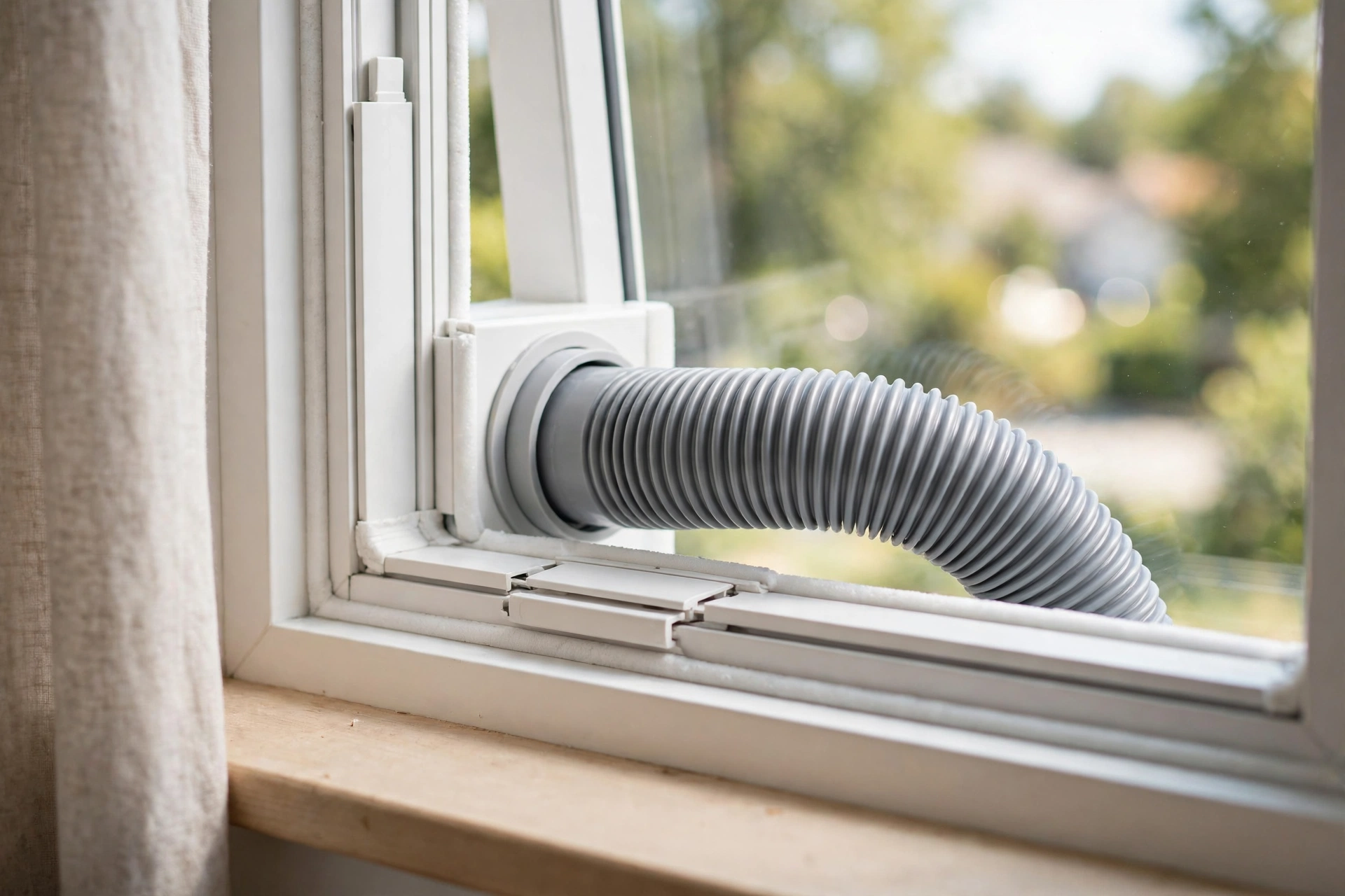 Close-up of a window kit sealing a portable air conditioner exhaust hose in a window frame, illustrative scene