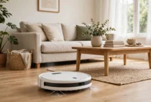 A robot vacuum cleaning a bright living room floor with a sofa and coffee table, illustrative scene
