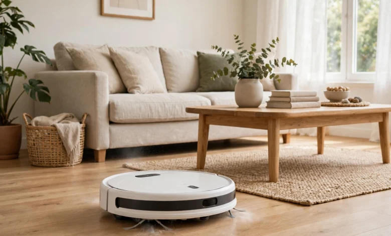 A robot vacuum cleaning a bright living room floor with a sofa and coffee table, illustrative scene