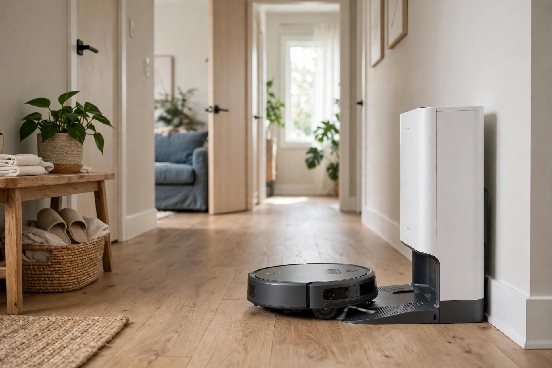 A robot vacuum returning to its self-empty docking station in a hallway, illustrative scene
