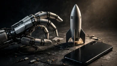 Technology collage with a humanoid robot hand, a rocket model and a smartphone on a dark desk
