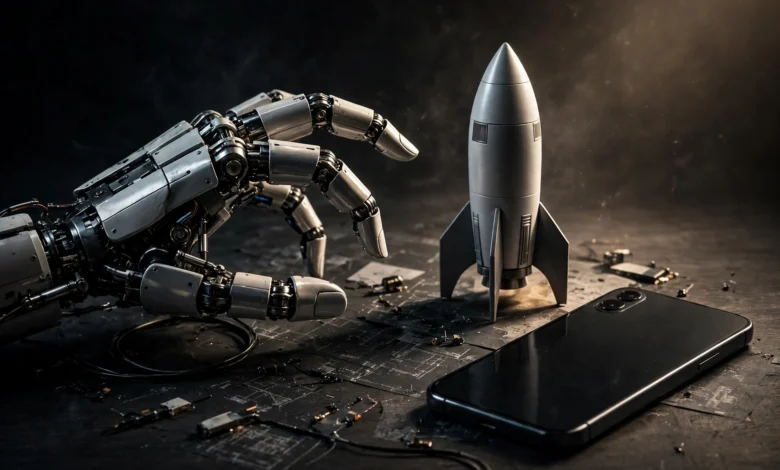 Technology collage with a humanoid robot hand, a rocket model and a smartphone on a dark desk