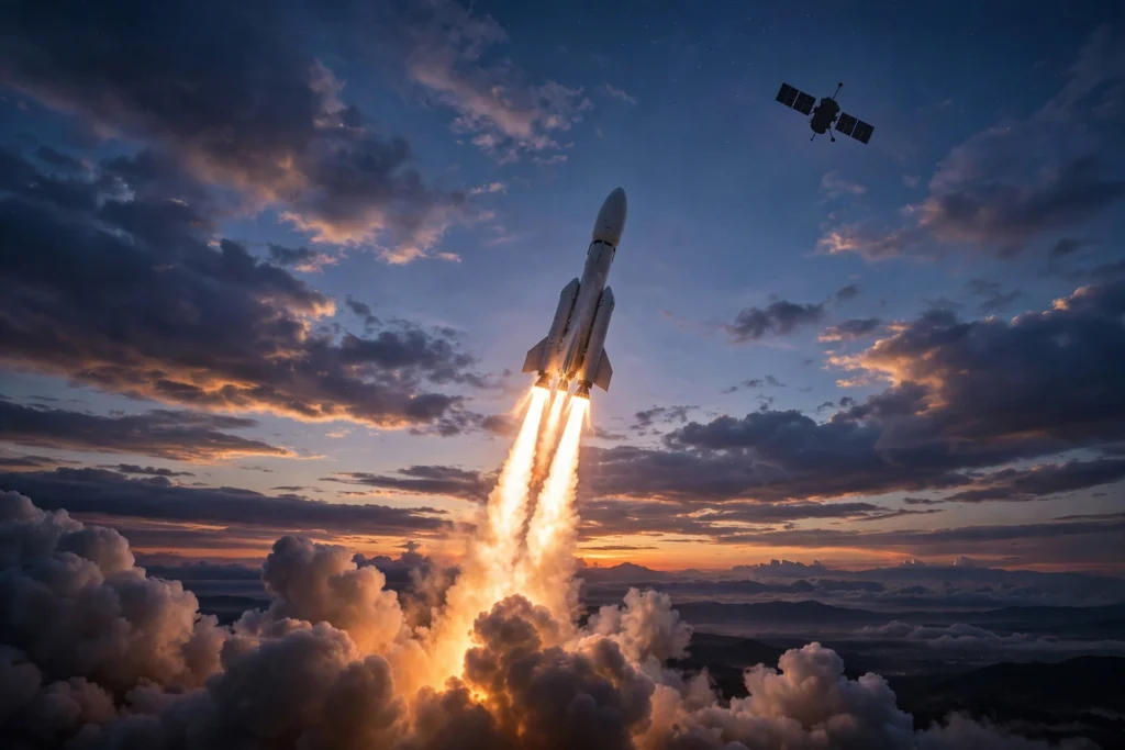 Rocket launching into a twilight sky with a satellite silhouette