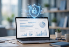 Credit file security concept with a shield icon and credit report on a laptop screen
