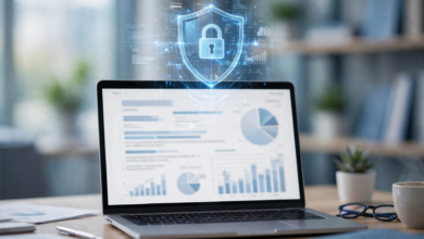 Credit file security concept with a shield icon and credit report on a laptop screen